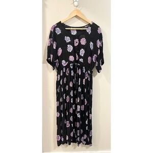 D.D. Designs Vtg Button Front Dark Floral Midi Dress Tie Waist Crinkle Sz M